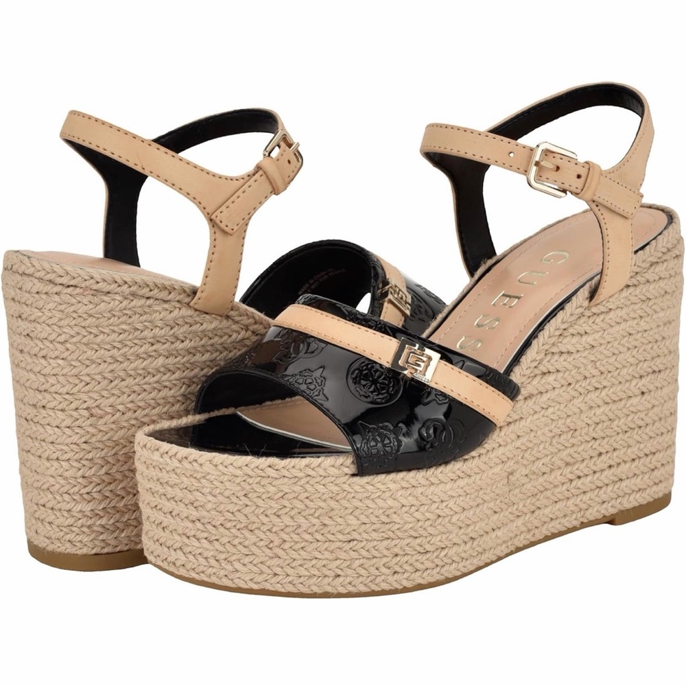 GUESS Black and Tan Wedge Sandals Women’s Wedges Taani Sz 9.5 Heels